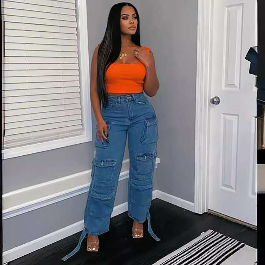 European and American Style Women's Fashion Hot Trend Multi-Pocket Cargo Pants Plus Size African Jeans 2025 Elegant Versatile New Trendy Clothing