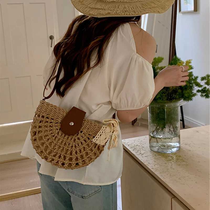 Ladies Crochet Shoulder Bag with Adjustable Strap Semicircle Straw Handbag Knitting Crossbody Bag Travel Vacation Commute Bag XJ2520616
