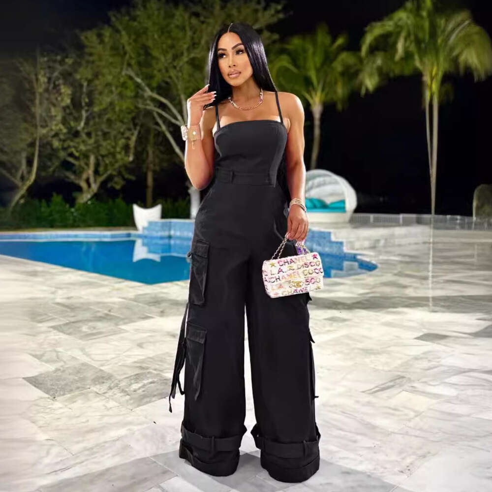 European and American Style Women's Sexy Strapless Multi-Pocket Cargo Wide-Leg Jumpsuit 2025 Elegant Versatile New Trendy Fashion Ins