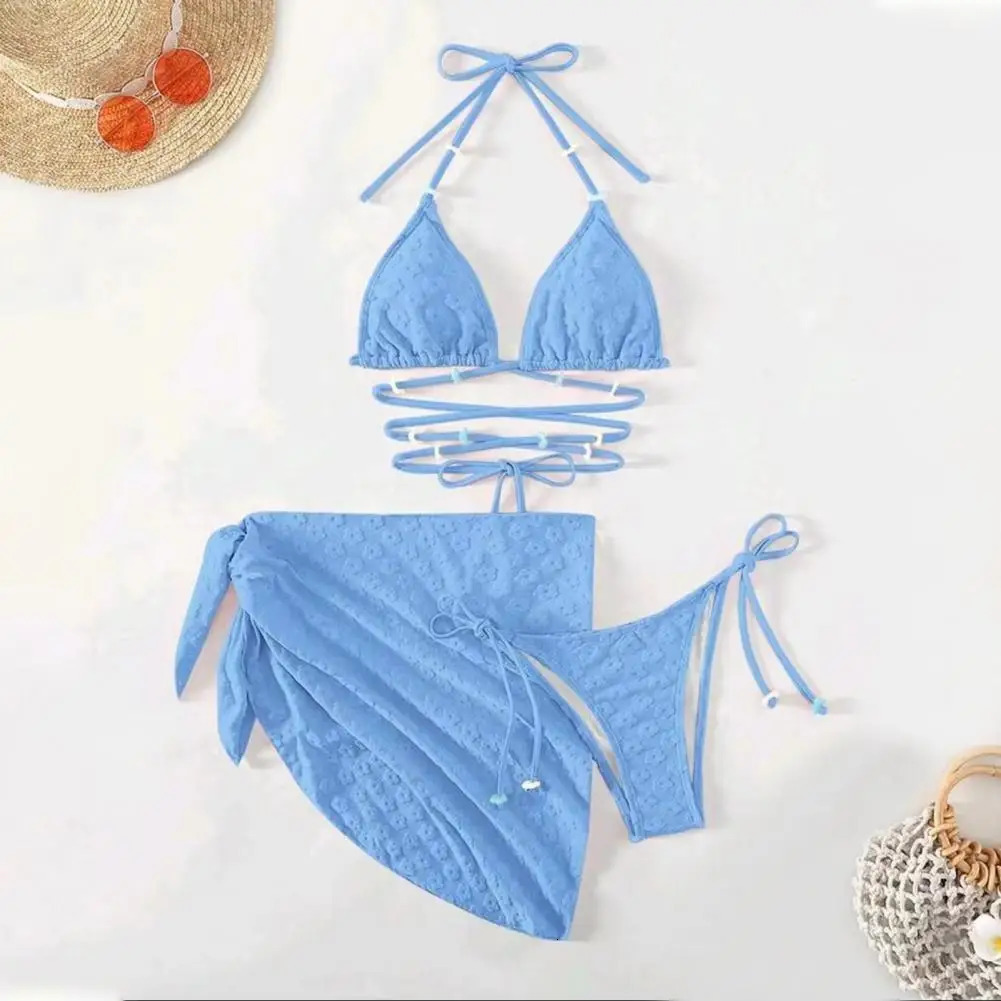 Stretchy Swimsuit Criss Cross Lace-up Bikini Set with Thong Cover Up Skirt Sexy Womens Swimwear for Beach Wear Bathing Suit Bow 250614