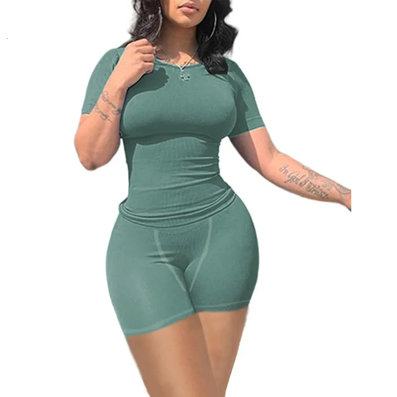 Lounge Wear Ribbed Casual 2 Piece Summer Shorts Set For Somen Short Sleeve TopElastic outfits 250614