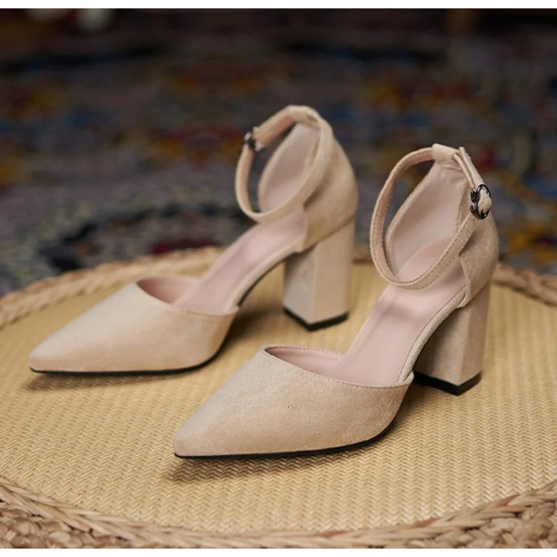 31-44 Women Pumps Fashion Black High Heels Shoes Flock Pointed Sandals Summer Party Thick Heel Shoes Ladies Wedding Shoes 250614