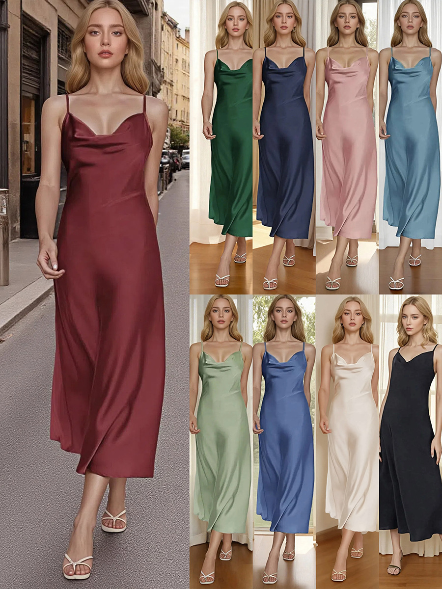 F615Cross-border foreign trade women's clothing new acetate satin skirt sexy French suspender long skirt dress