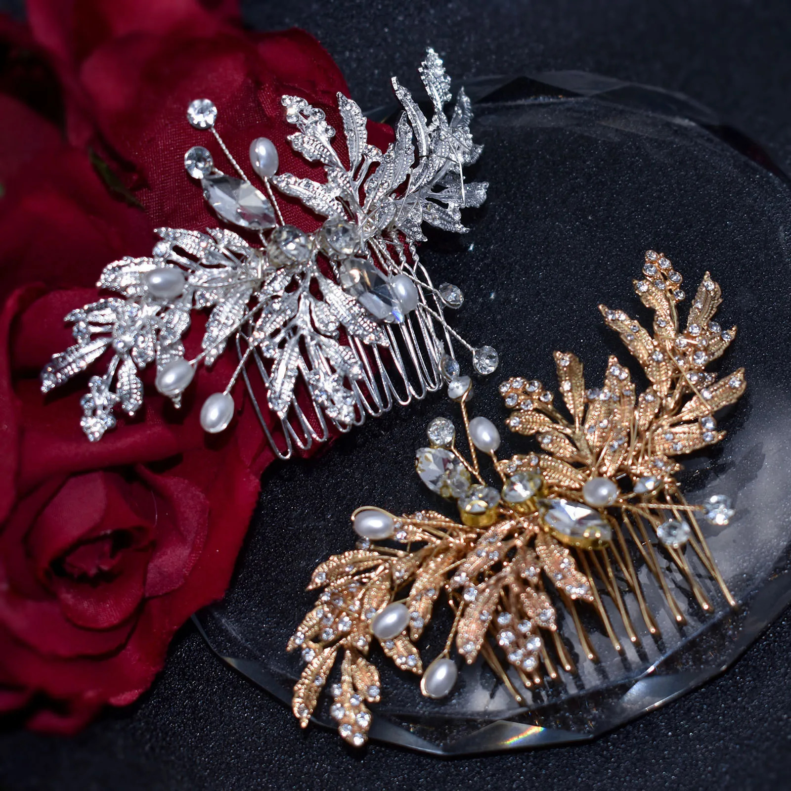 Handmade Gold Silver Color Wedding Hair Accessories Crystal Women Hair Combs Leaves Bridal Headband Head Jewelry 250610