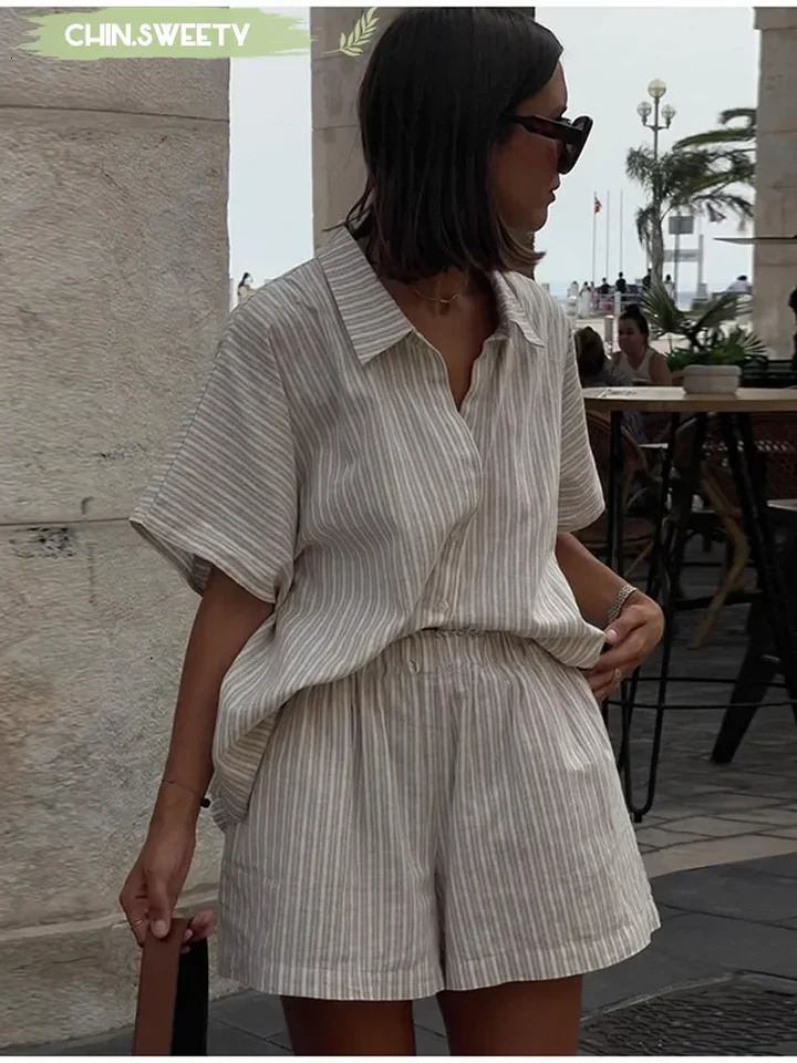 Women Fashion Stripe Print Lace-up Shorts Set Oversized Lapel Short Sleeve Single Breasted Shirts Suit Lady Casual Street Outfit 250614