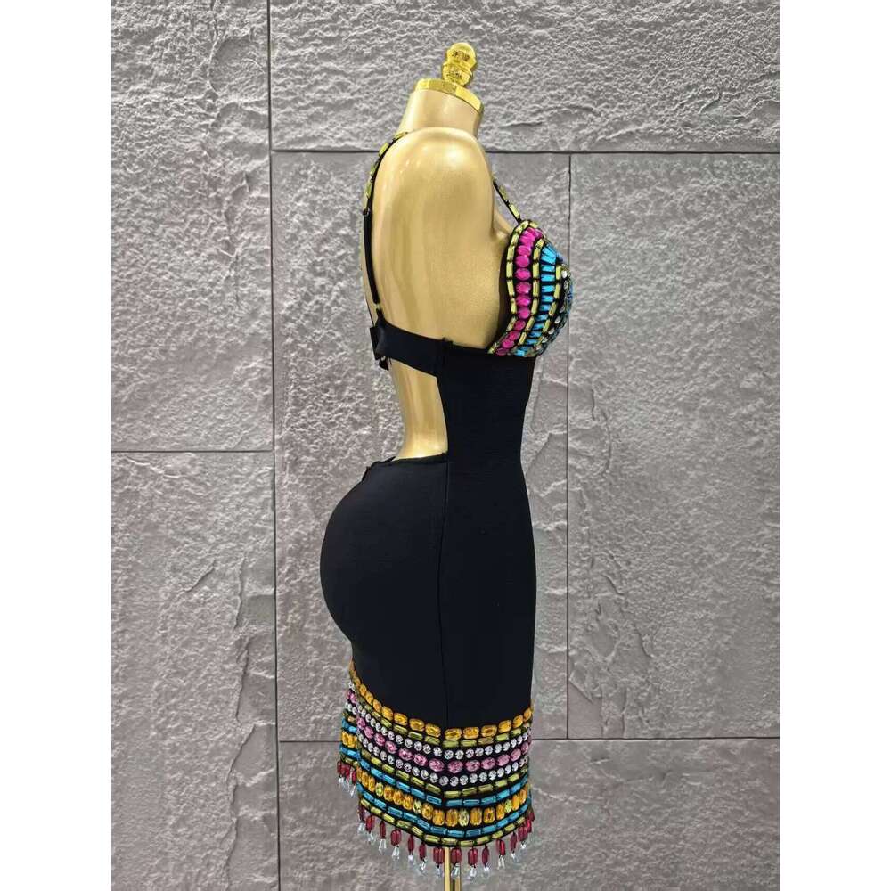 Black Color Women Sleeveless Sexy V-Neck Bodycon Mini Bandage Colorful Crystal Celebrate Nightclub Party Red Carpet Dress