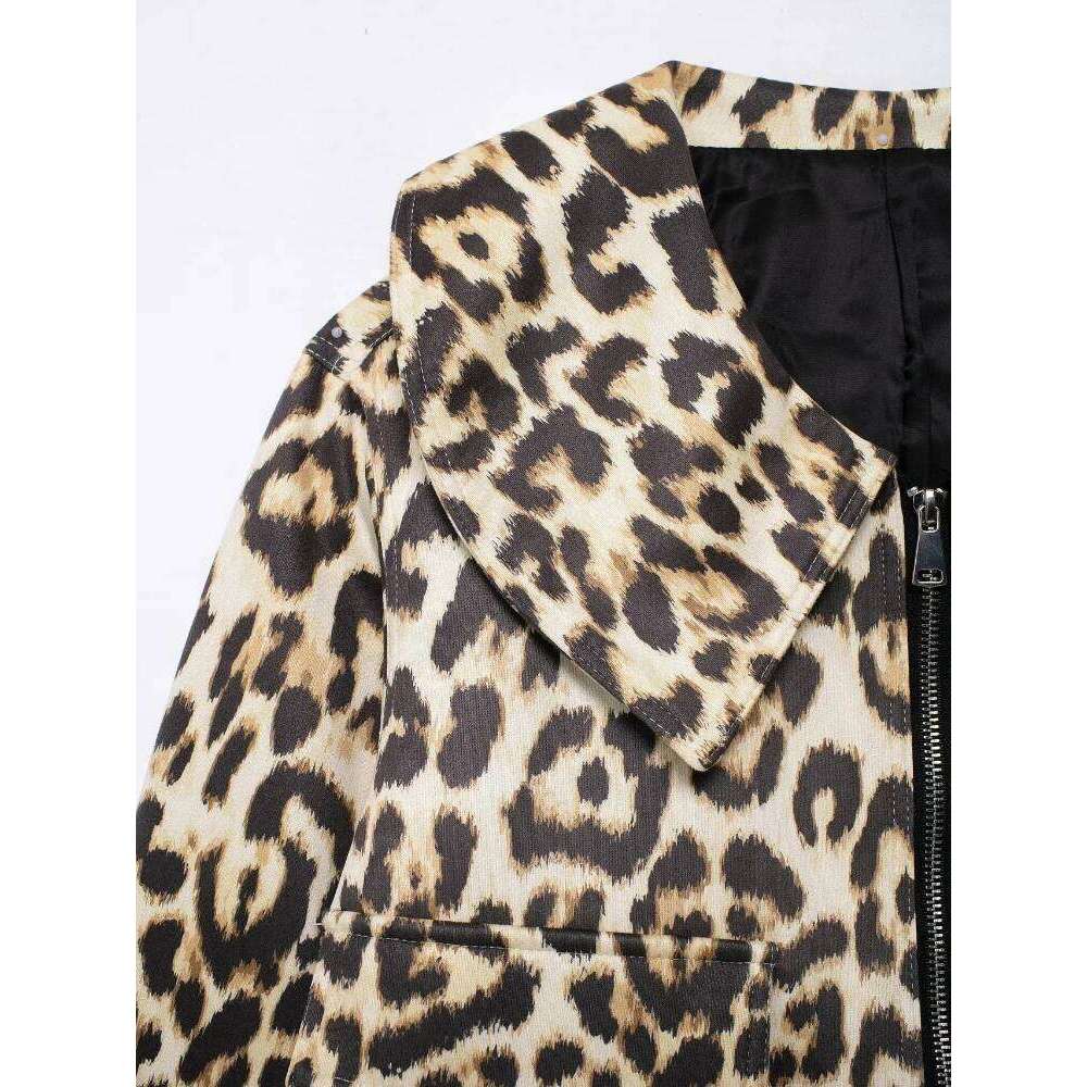 ZBZA Women Leopard Print Vintage Loose Jacket Doll Collar Metal Zipper Patch Pocket Patchwork Coat Fall Winter New Chic Overcoat