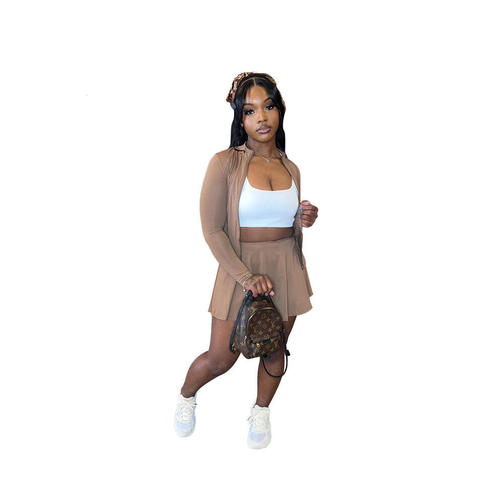 European and American Women's Fashion Sports Casual Tight Waist Long Sleeve Flared Skirt Two-Piece Set (With Safety Shorts) 2025 Elegant Versatil