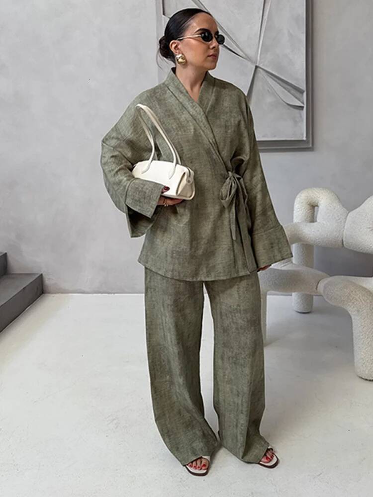 Casual Cotton Linen Pants Outfits Women Loose V Neck Lace Up Long Sleeves Female 2025 Spring Summer Chic Soft Set 2 Pieces