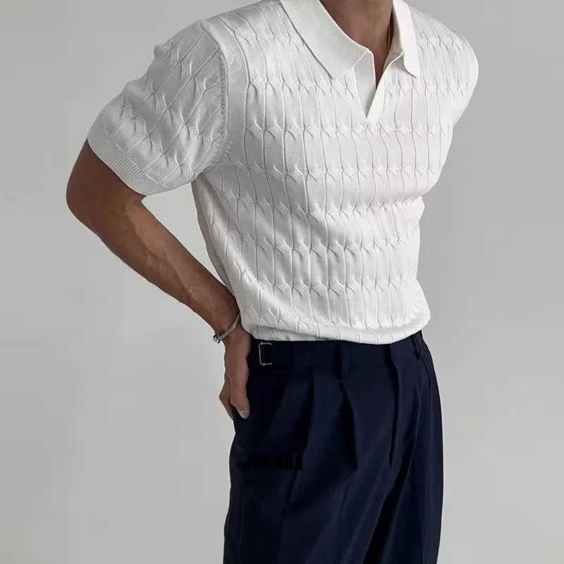 Summer Clothing Mens Luxury Knitted Jacquard Skinny Polo Shirt Korean Popular Breathable Leisure V Neck Short Sleeve Knitwear W250616