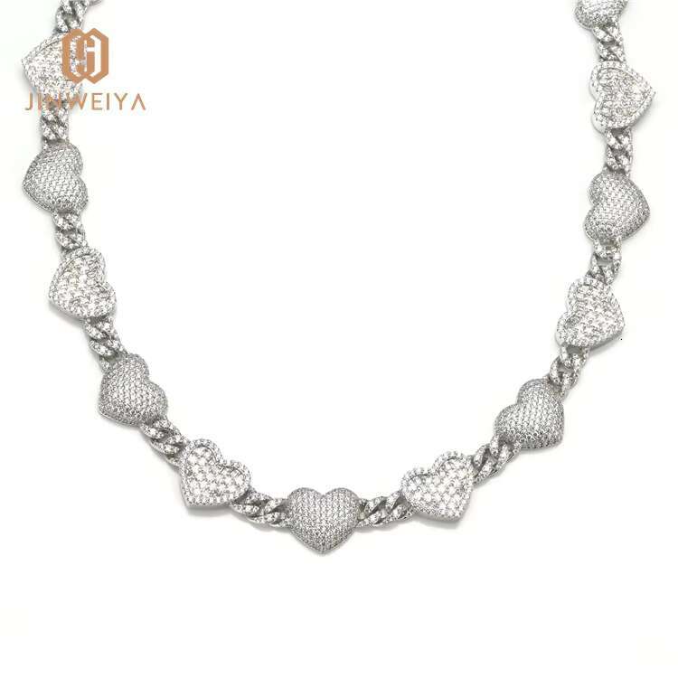 Unique Copper Iced out Hip Hop Heart Cuban Link Necklace Set Gold Plated Brass Jewelry Chain with Zircon Stone Heart