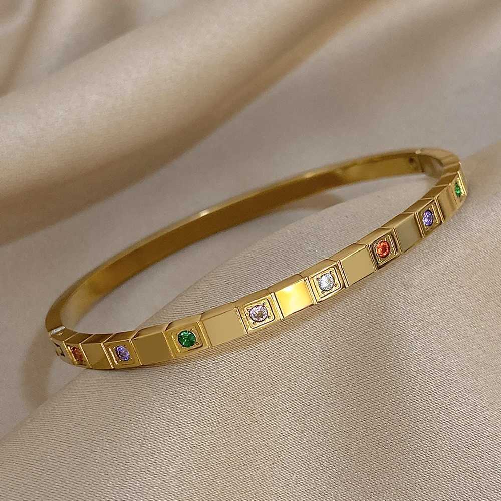 New Inlaid Square Small Colored Zircon Stainless Steel Bangle for Women Luxury Gold Plated Cubic Zirconia Z250616