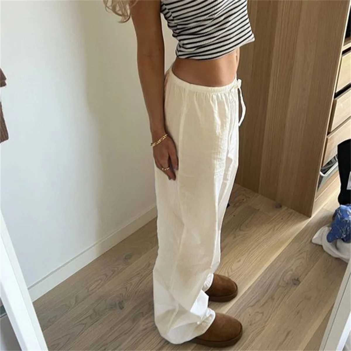 Women Summer Drawstring Straight Pants Solid Elastic Waist Wide Leg Pant Fashion Simple Trousers Lady Casual Street Wear XJ250616