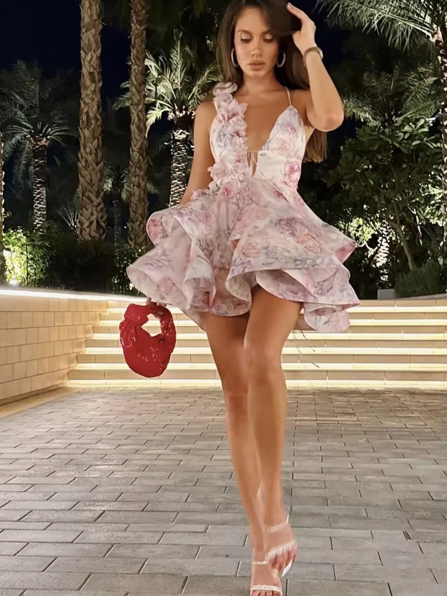 FSMG Sweet Pink 3D Flower Ruffles Mini Camisole Dress Fashion Sexy V Neck Sleeveless Backless Short Skirt Evening Party Dresses 250611