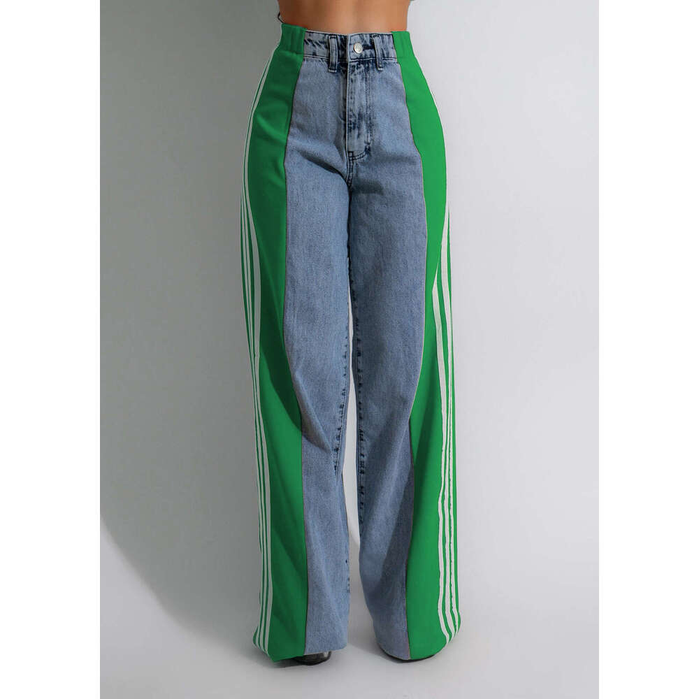 Summer Fashion Patchwork Design Three-Stripe Wide-Leg Jeans Women's Casual High-Waist Stretch Straight Pants 2025 Elegant Versatile New Trendy Cl