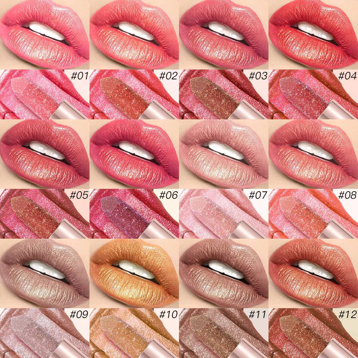 USHAS 12 Colors Glitter Lipstick Long Lasting Diamond Pearlescent Metallic Lipsticks For Christmas Moisturizing Lip Makeup happy