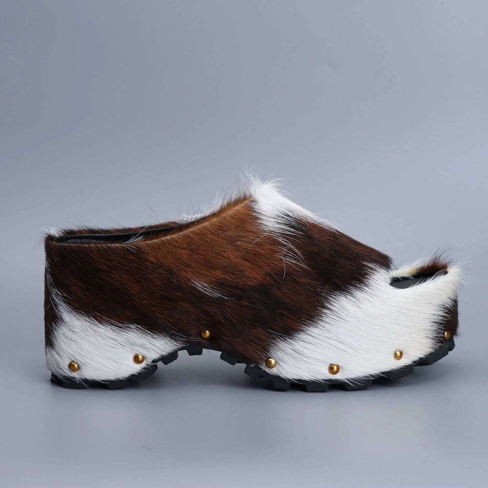 2025 Women Designer Platform Mules Real Calf Hair Leather Lined Slip On Clogs Slides Sandals Summer Fashion Comfort Shoes