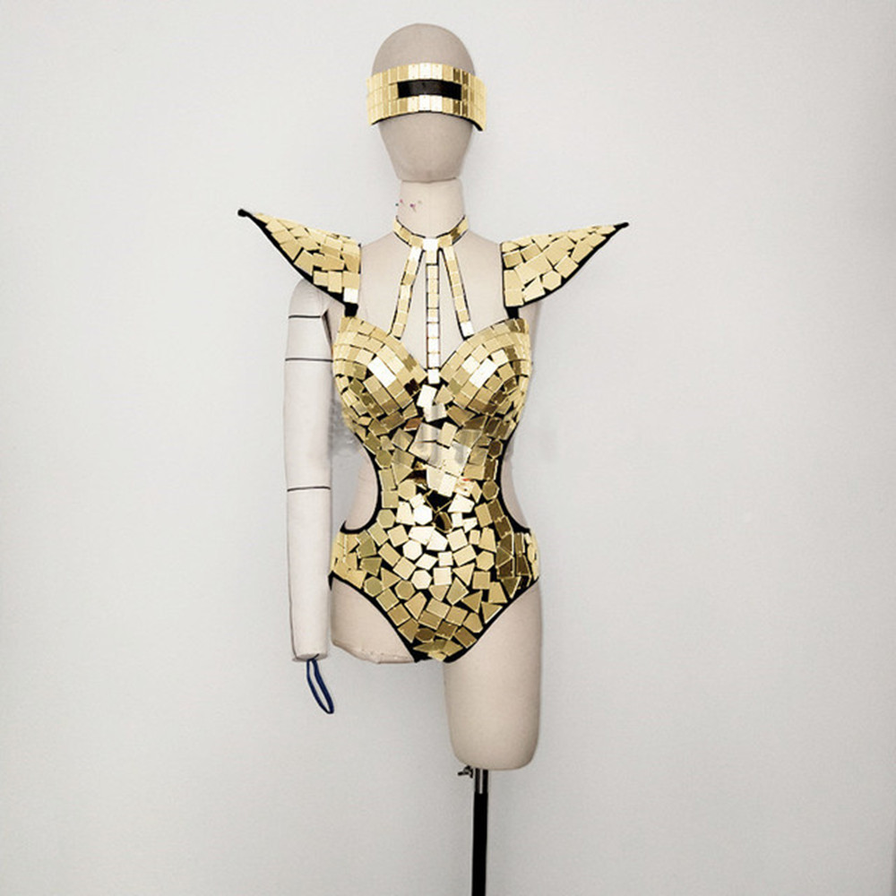Mirror Bodysuit Women Dance Costume Gold Silver Sequins Fly Shoulder Hollow Out Rave Outfit Stage Performance Clothes Gogo Show