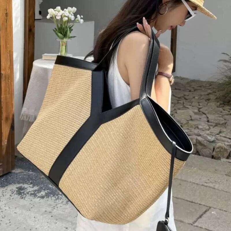 Women's Bags Designer Beach Oversize Tote Bags For Women Designer Handbag Purse New In Straw With Cowhide Large Capacity Underarm Shoulder