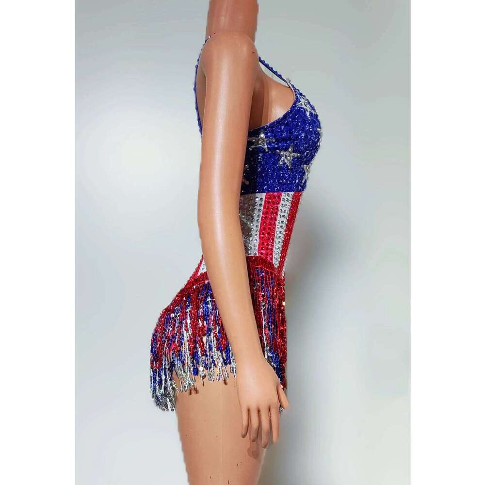 Women Beading Tassel Bodysuits Spaghetti V Neck Special Occassion Topic Evening Party Nightclub Stage Costumes