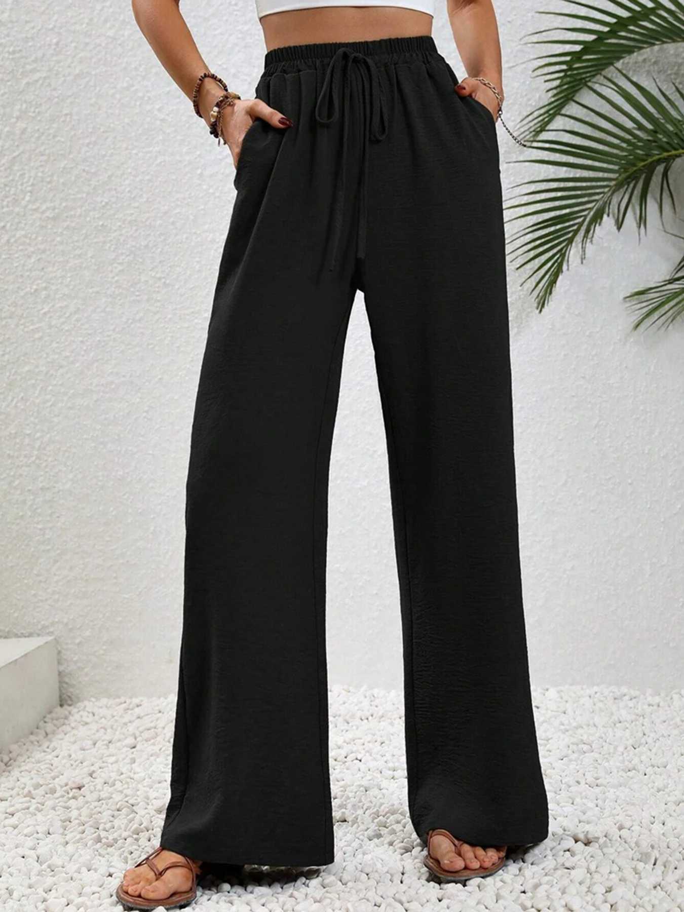 Womens Spring/Summer/Autumn New Solid Color Ice Silk Wide Leg Pants Loose Pants Casual PantsXJ250616
