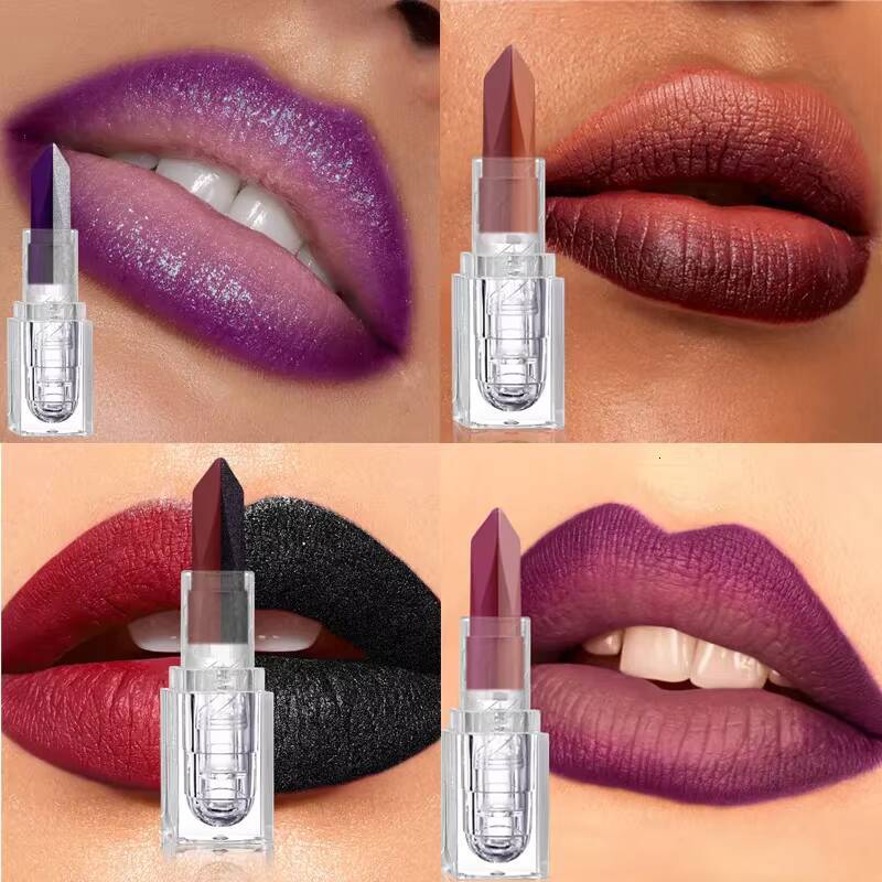 Two-tone Polarized Silver Lipstick Gradient Matte Purple Lasting Waterproof Metallic Black Moisturizing Lip Eye Makeup Stick happy