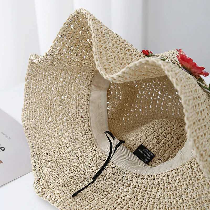 New Arrival Summer Hats For Women Flower Rope Wide Brim Sun Hat Lady Foldable Sunhat Sunscreen Beach Accessories Seaside Holiday New U250616