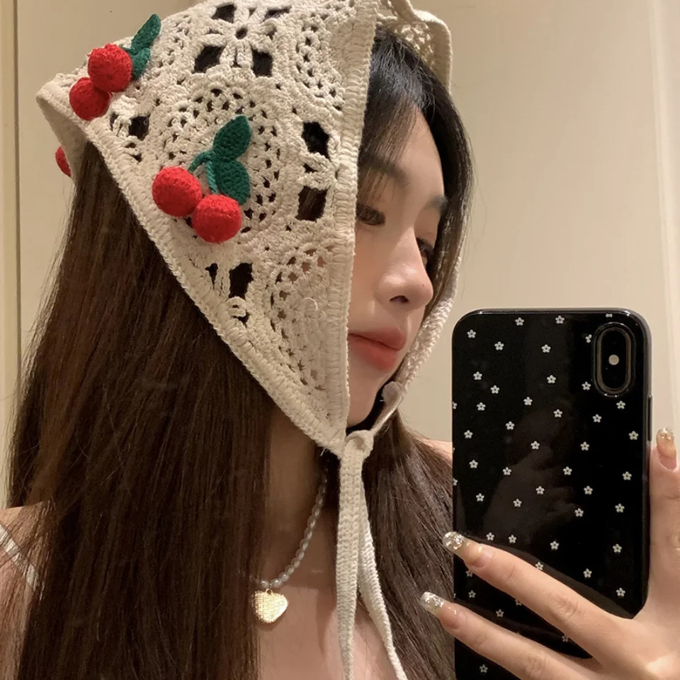 Knitted Triangle Headband Cute Little Cherry French Pastoral Style Headband Towel Handmade Crochet Headscarf Hat Girls 250610
