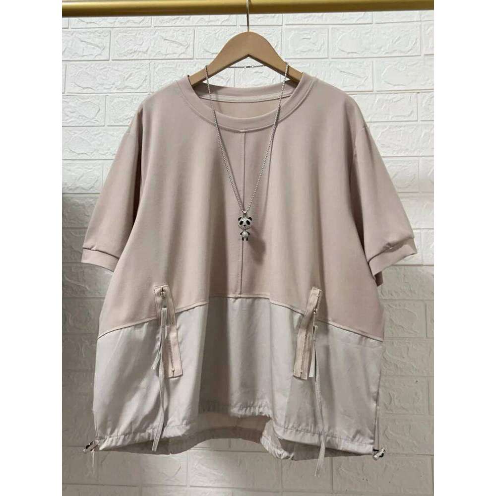 EAM Women Orange Spliced Big Size T-Shirt New Round Neck Short Sleeve Zipper Pockets Fashion Tide Spring Summer 2025 30A3550