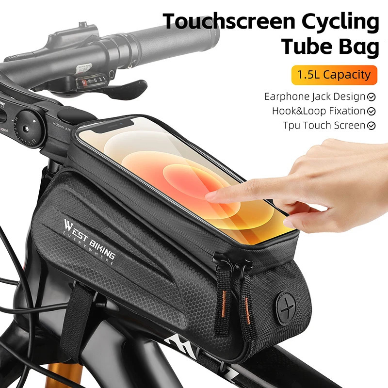 WEST BIKING 7.0 Inch Bike Phone Touch Screen Bag Bicycle Reflective Top Tube Bag EVA Hard Shell Water Repellent Front Frame Bags 250610