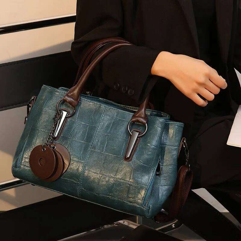 Vintage Contrast Distinctive Handbag Three-Layer Large Capacity high quality Soft Leather Women's Shoulder Bag