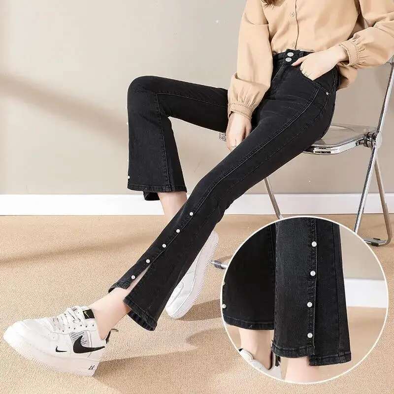 Womens Jeans Flare Trousers Flared Woman Pants Bell Bottom Blue with Pockets High Waist Shot Harajuku Fashion Chic and Elegant A