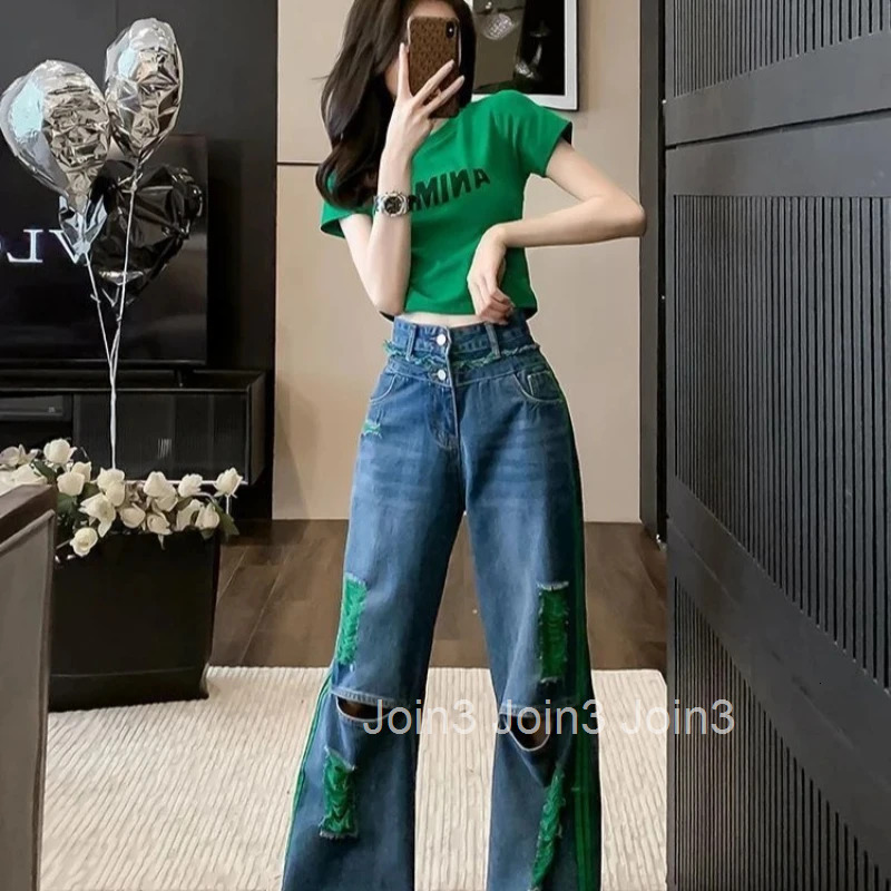 With Holes Female Cowboy Pants Wide Leg Womens Jeans Korean Popular Clothes Japanese Y2k 2000s Trend 2025 Pant Grunge Trousers