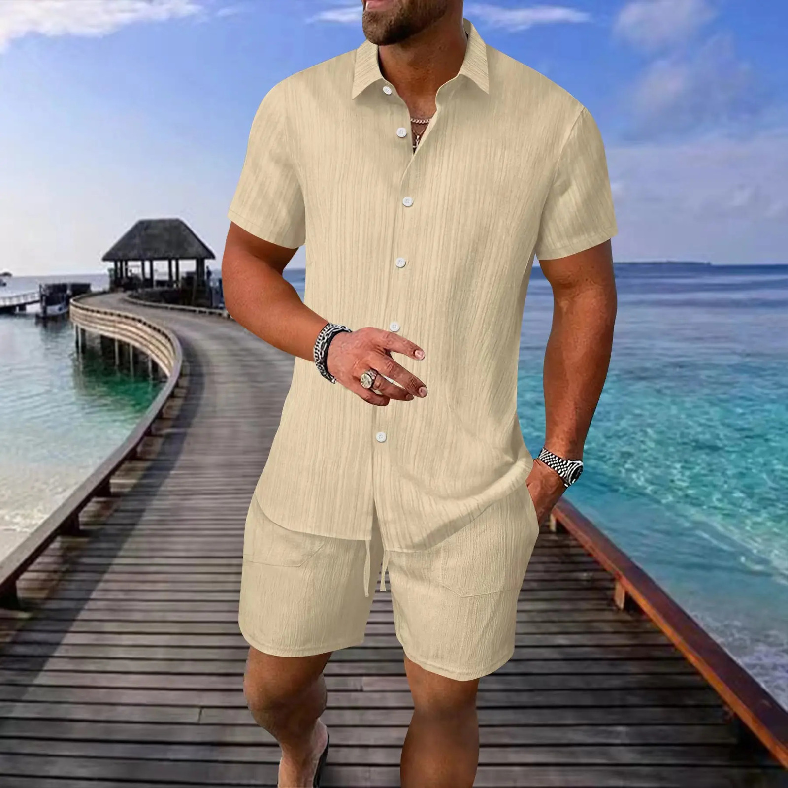 Summer Mens Striped Polo Casual Loose Breathable Sweat Absorption Short Sleeve Shorts Sports Suit 250612