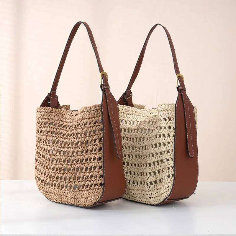 Hollow Design Woven Women's Beach Bucket Bag Shoulder Purse Handwoven Summer Large Capacity Underarm Handbag