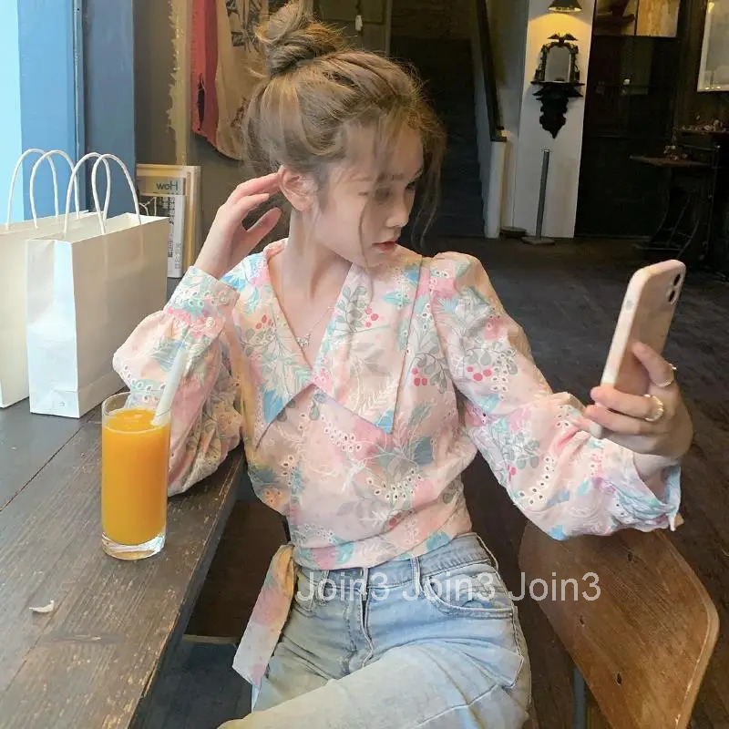 Clothing Floral Womens Shirts and Blouses Full Sleeves Top for Woman Kawaii with Bow Chiffon Cute Luxury Designer Pretty Tall M