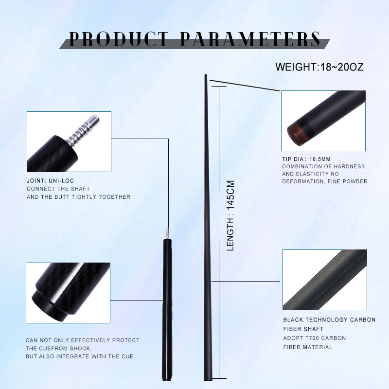 OKHEALING 3/4 Pool Cue 10.5mm Tip Billiard Cue Radial Pin or 3/8-8 Joint Black Technology Carbon Fiber Shaft Butt Length 145cm/57in 18~20oz Weight Adj