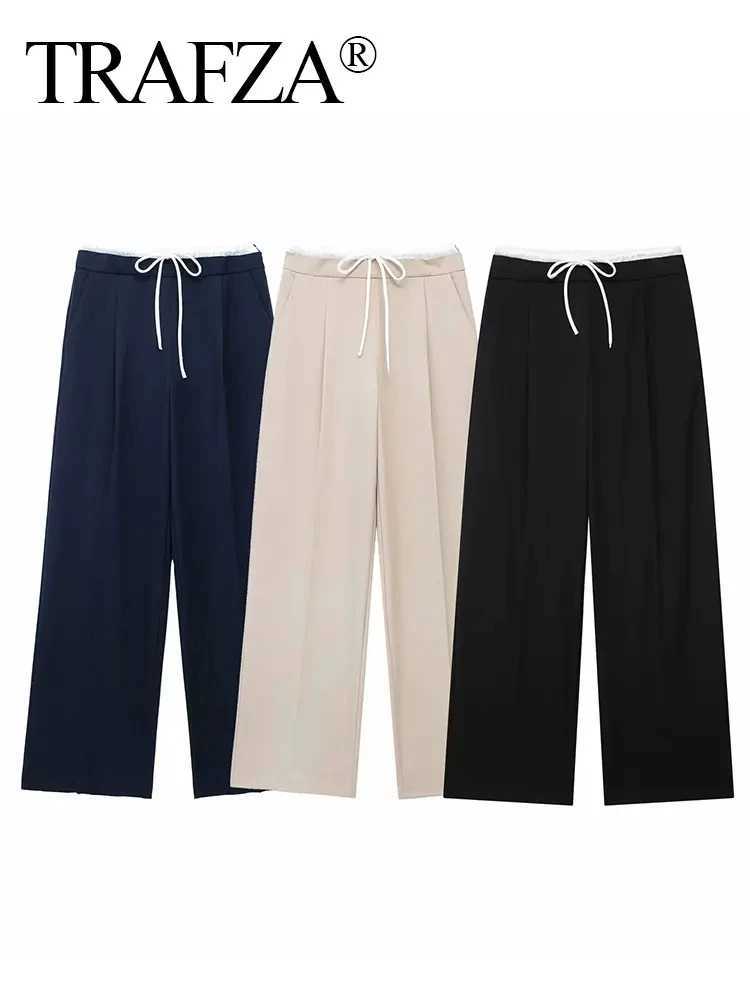 TRZA 2024 Woman Casual Trousers Chic Patchwork Loose Womens Long Pants High Waist Wild Comte Woman Wide Leg Pant StreetwearXJ250616