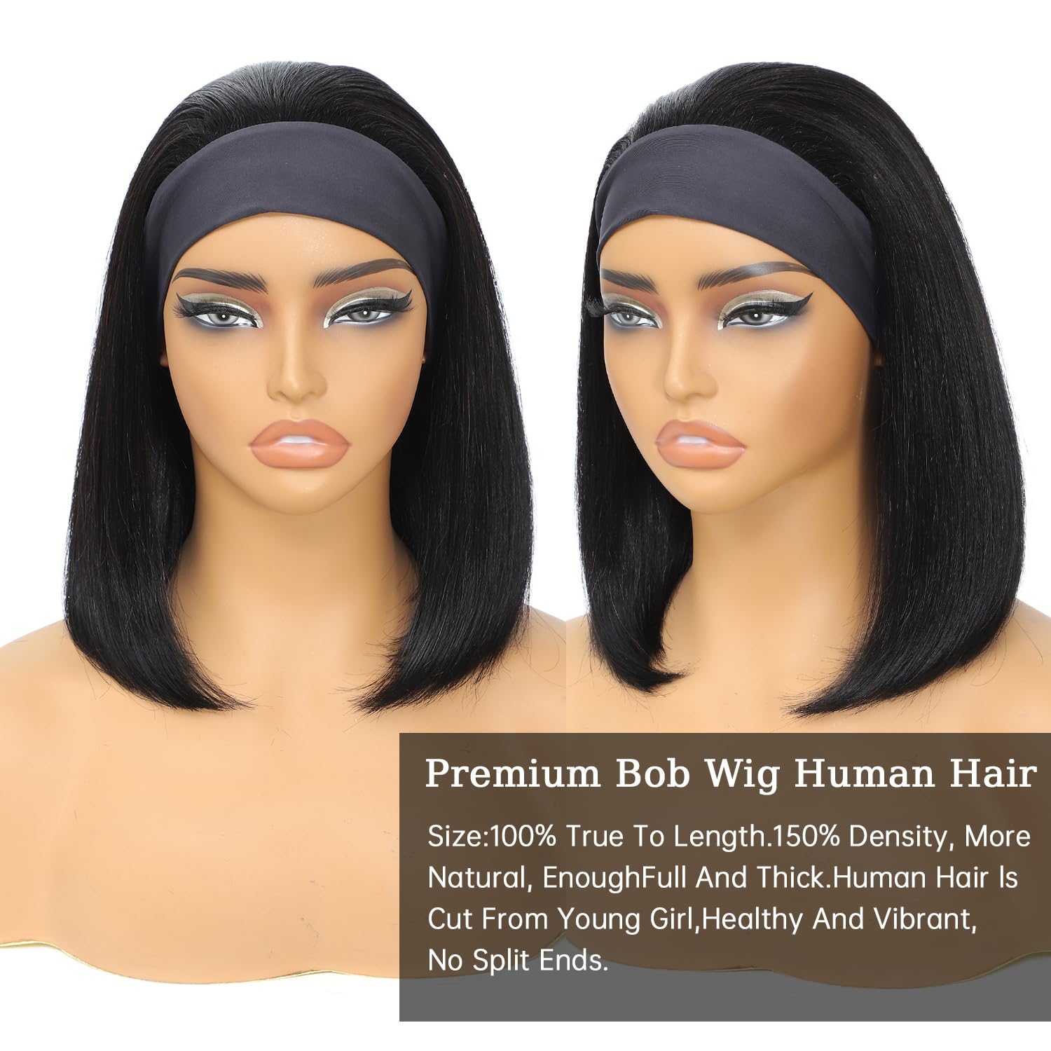 Headband wigs human hair 360,14 Inch Glueless Wig Short None Lace Front Short human hair wig for Black Women Natural Black 150% Density