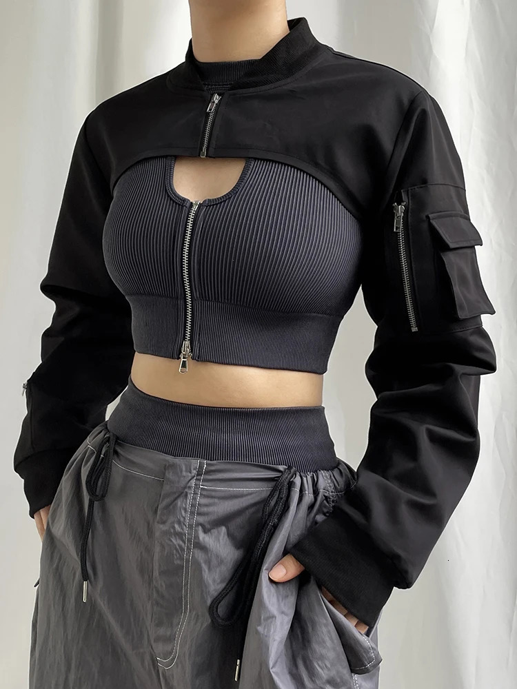 Zip Up Stand Collar Long Sleeve Black Cropped Jackets Women Pocket Safari Style Streetwear 250614