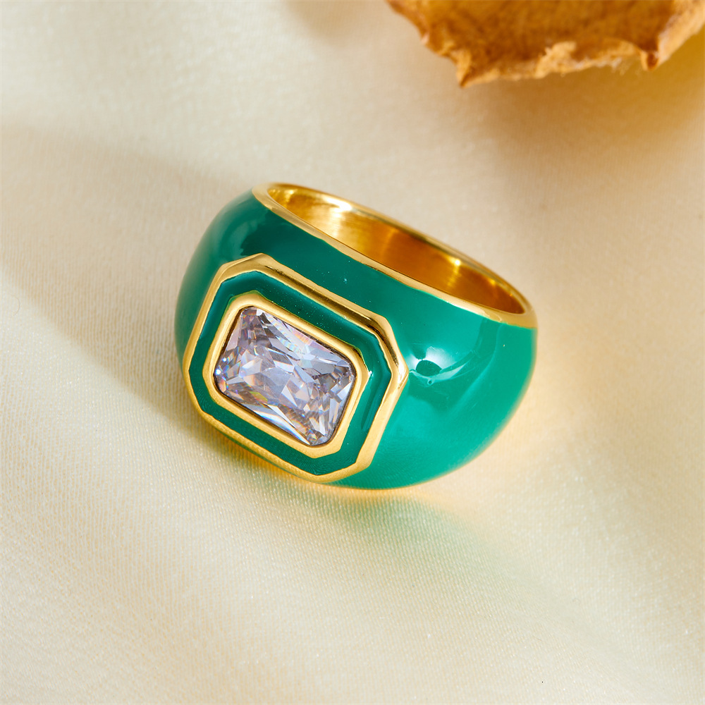 Fashion Style Personality Versatile Square Zircon Enamel Drip Oil Color Titanium Steel Non-Fading Ring