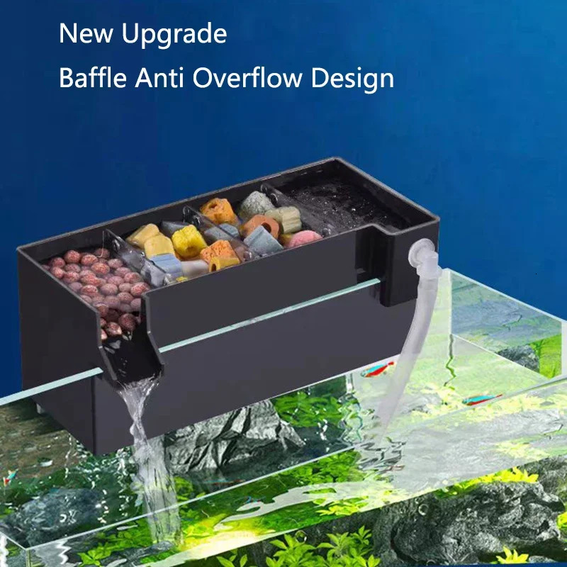 Black Fish Tank External Filter Box Acrylic Filter Dry and Wet Separation Small Silent External Suspend Aquarium Drip Overflow 250613