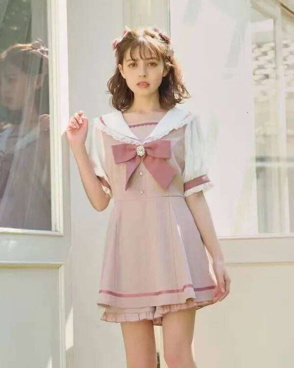 Rojita Japanese Sailor Collar Long Sleeve For Women Spring Summer Sweet Lolita Bow Dress Shorts Suit Women's Two-Piece Set