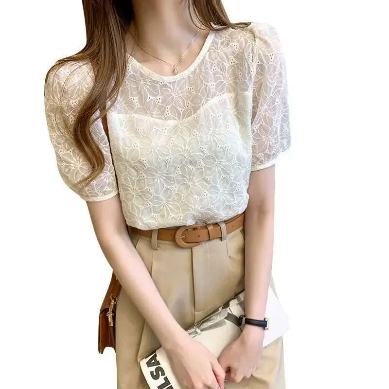 Womens Shirt and Blouse with Puffy Sleeves See-through Female Tops White Summer Print Transparent Cute Elegant Xl Social Youth