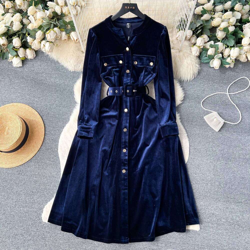 Autumn Vintage Solid Veet for Women Winter V-neck Long Sleeve Belts Slim A-line Midi Dress Robes Femme