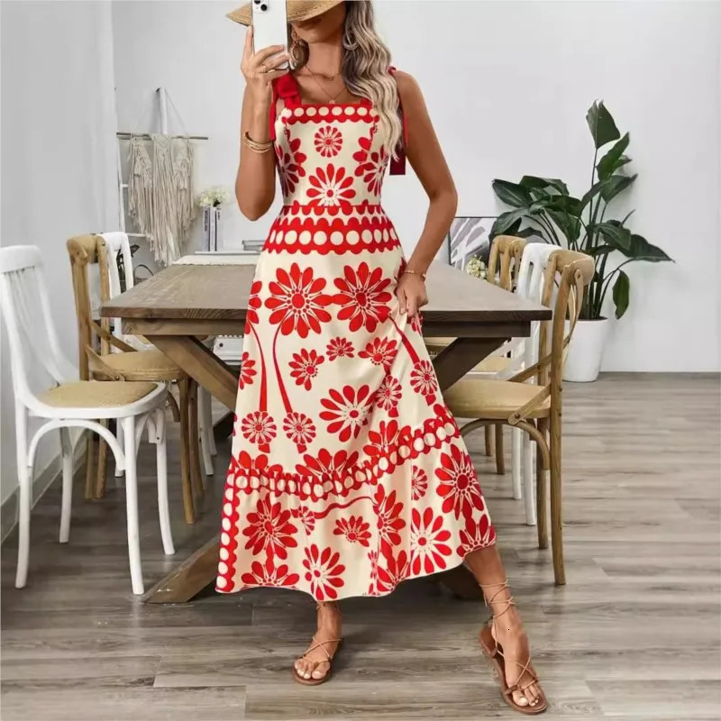 Summer Dress Womens Fashion Printed Shoulder Straps Waist Long Holiday Casual Bohemia Beach Midi Women Dresses Prom Vestido 250611
