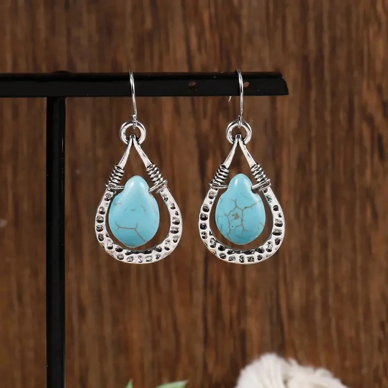 Vintage Droplet Shape Blue Turquoise Decor Dangle Earrings Retro Boho Style Silver Plated Jewelry Tourism Souvenir 250610