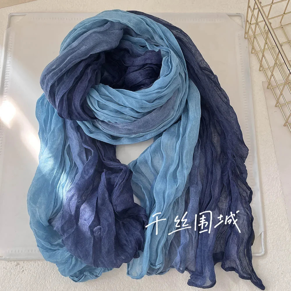 Scarf Cotton Hemp Gradient Blue Autumn/Winter Retro Versatile Printed Womens Long Fold Shawl Elegant and Fashionable 250610