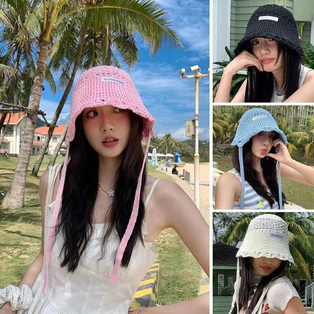 Korean Style Womens Fisherman Bucket Hat Breathable Lace-Up Sun Hat with Wide Brim Lightweight Knitted Summer Beach Hat M250616