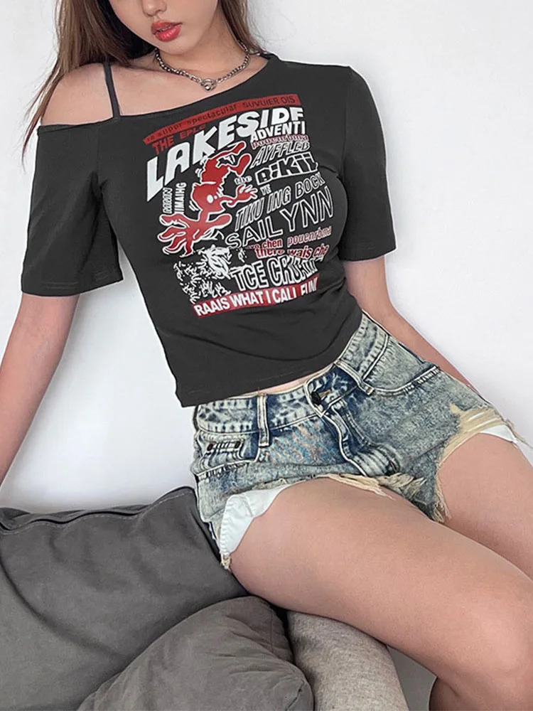 Gothic Tee Y2k Letter Print Off Shoulder Punk T-shirts Women Harajuku Summer Streetwear Grunge T Shirt Aesthetic Sexy Crop Tops 250614